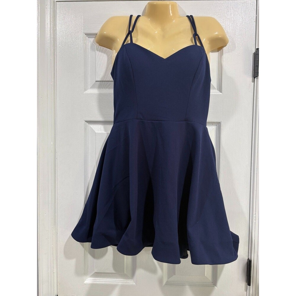 B Darlin Womens Navy Blue Fit Flare Mini Dress Strappy Back Size 11/12 Party